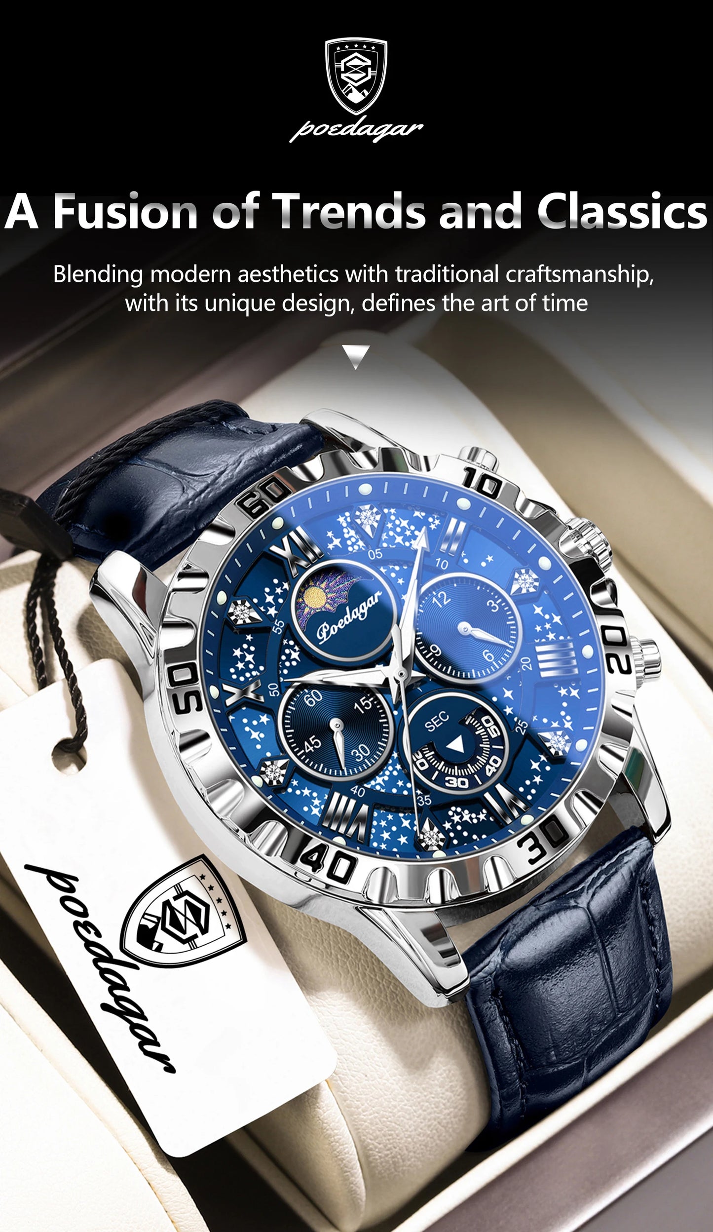 POEDAGAR Top Functional Luxury Man Wristwatch Waterproof Luminous Chronograph Leather Sports Watches For Men Quartz Men's Watch Beauty World Shop