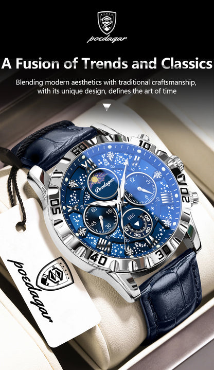 POEDAGAR Top Functional Luxury Man Wristwatch Waterproof Luminous Chronograph Leather Sports Watches For Men Quartz Men's Watch Beauty World Shop