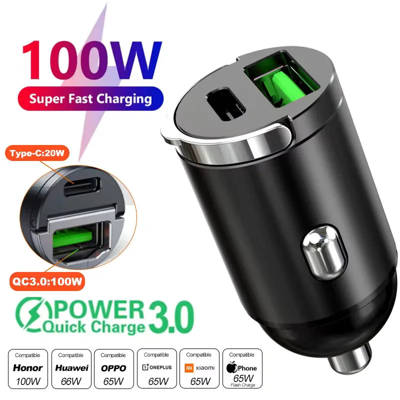 100W/200W QC3.0 PD Mini Car Charger 12-24V Lighter Fast Charging Car USB Type C Charger for Xiaomi Samsung Huawei iPhone Power Beauty World Shop
