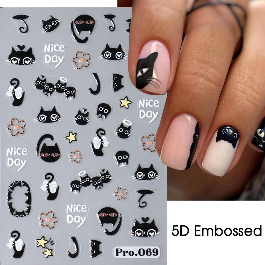2pcs Black Cat Nail Stickers 3D Cute Cartoon Animal 3D Self-Adhesive Nail Art Decals Sliders Decorations Manicure Accessories Beauty World Shop