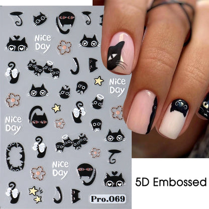 2pcs Black Cat Nail Stickers 3D Cute Cartoon Animal 3D Self-Adhesive Nail Art Decals Sliders Decorations Manicure Accessories Beauty World Shop
