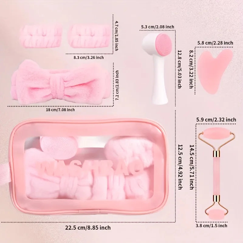7-piece facial cleansing and massage set with a silicone dual-ended brush, dual-ended roller, and heart-shaped gua sha tool Beauty World Shop