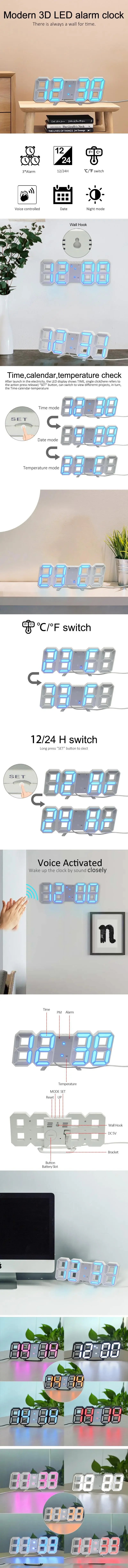 Purchase Products Clock 3D LED Digital Alarm Clock Wall Clock Time/date/temperature For Home/kitchen/office Clocks Decor Garden Beauty World Shop