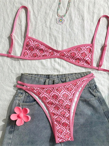 S - XL Flowers Printed High Leg Cut Bikini Female Swimsuit Women Swimwear Two-pieces Bikini set Bather Bathing Suit Swim V6965 Beauty World Shop