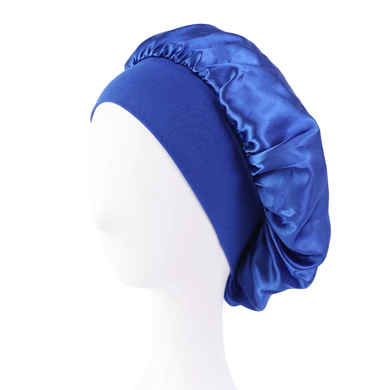 New Women's Satin Solid Wide-brimmed Sleeping Hat Unisex Head Wrap Elastic Band Cap Hair Care Bonnet Night Hat bonnet de nuit Beauty Fashion