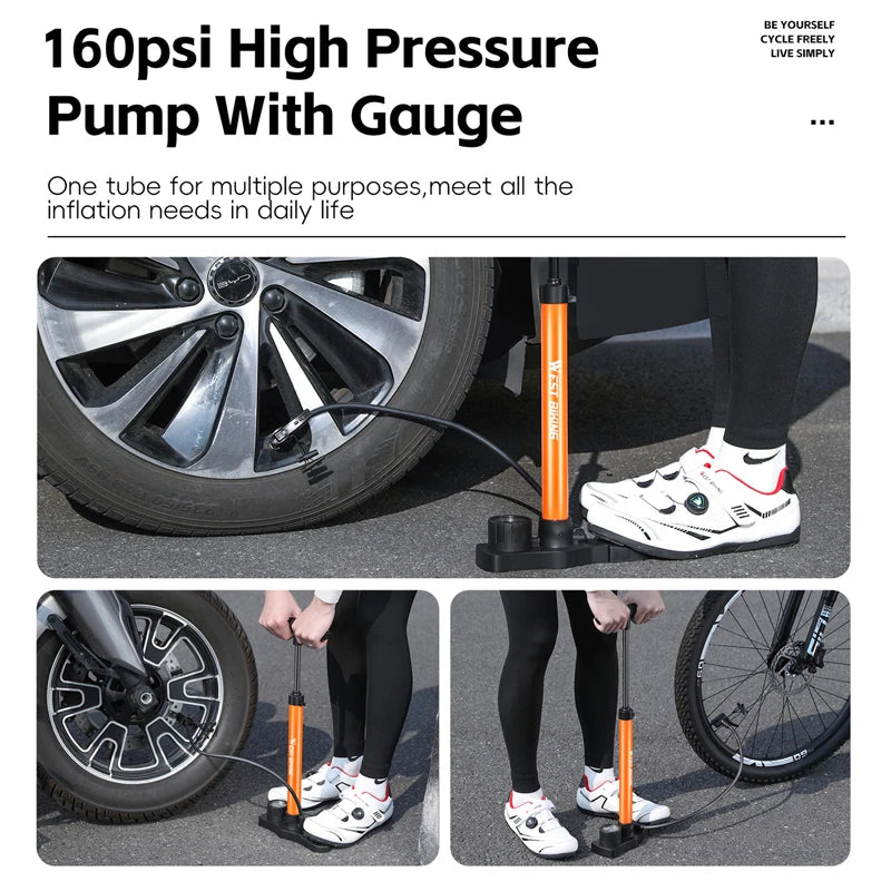 WEST BIKING 160PSI Bike Pump With Gauge Portable Stainless Steel Bike Pump Schrader Presta Valve Inflator Bike Accessories Beauty World Shop