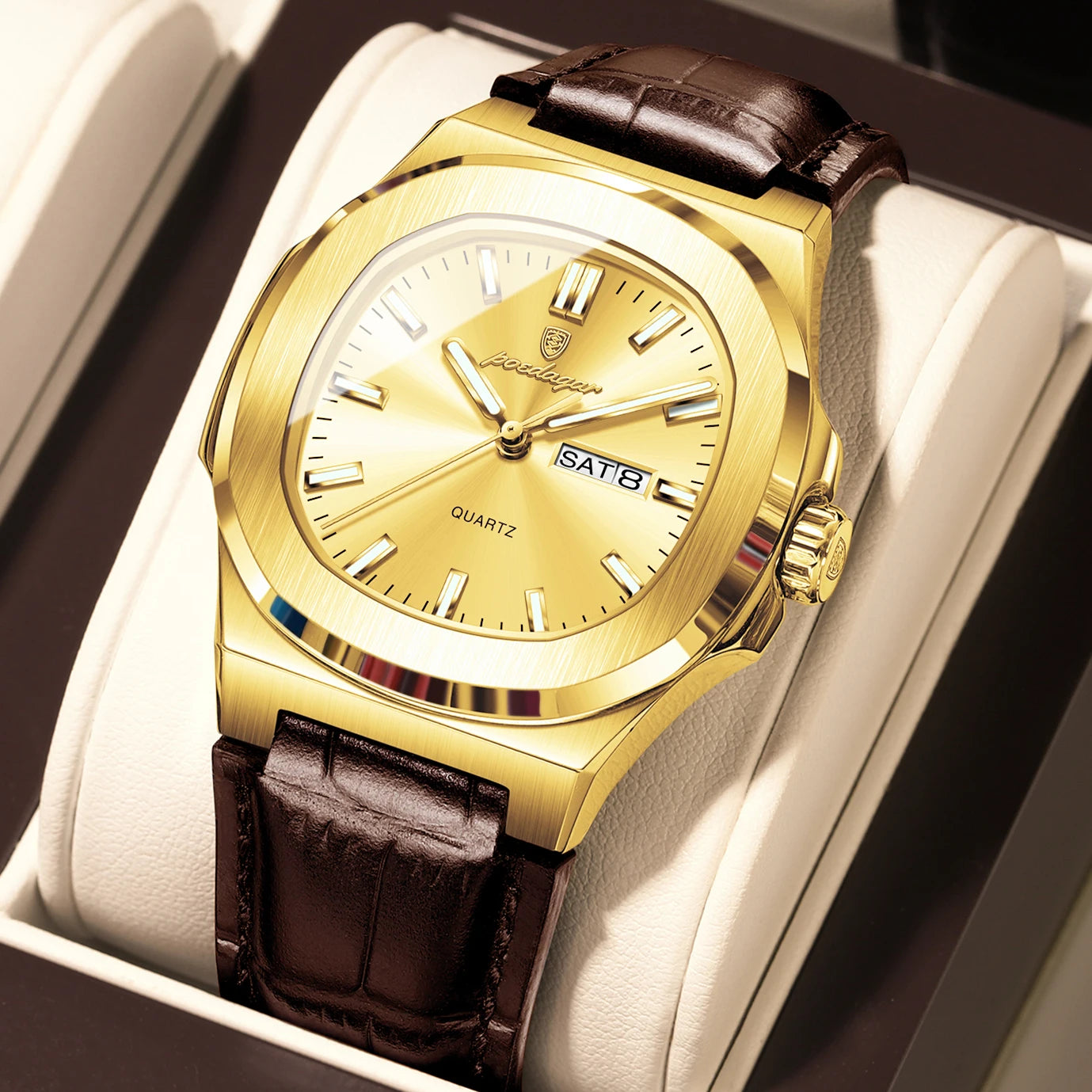POEDAGAR Square Wristwatch For Men Luminous Waterproof Week Calendar Luxury Man Clock Leather Quartz Fashion Men's Watches Reloj Beauty World Shop
