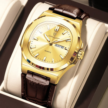 POEDAGAR Square Wristwatch For Men Luminous Waterproof Week Calendar Luxury Man Clock Leather Quartz Fashion Men's Watches Reloj Beauty World Shop