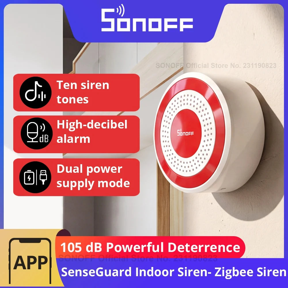 SONOFF SNZB-09P Zigbee SenseGuard Indoor Siren 105dB Loud Alarm Sound & Red Light Alerts USB & Backup Battery Dual Power Supply Beauty World Shop