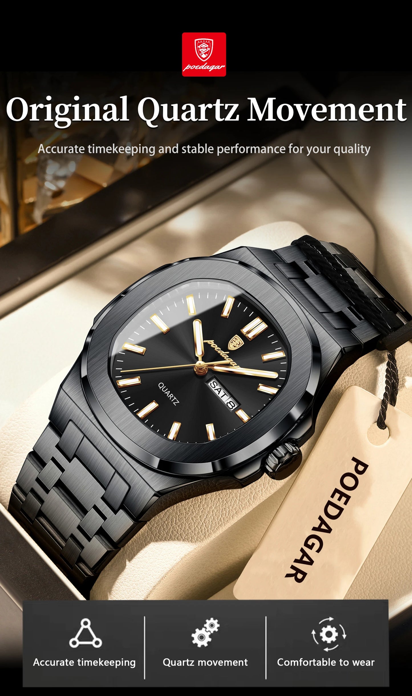 POEDAGAR Square Luxury Men's Wristwatch Luminous Waterproof Stainless Steel Male Clock Week Date Original Quartz Watches For Men Beauty World Shop