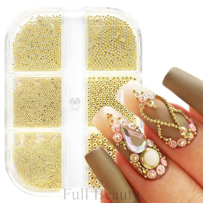 6 Grid Gold Mixed Size Stainless Steel Metal Bead Nail Art Decoration 3D Mini Small Caviar Ball Sliver Charm Pearl Manicure Beauty World Shop