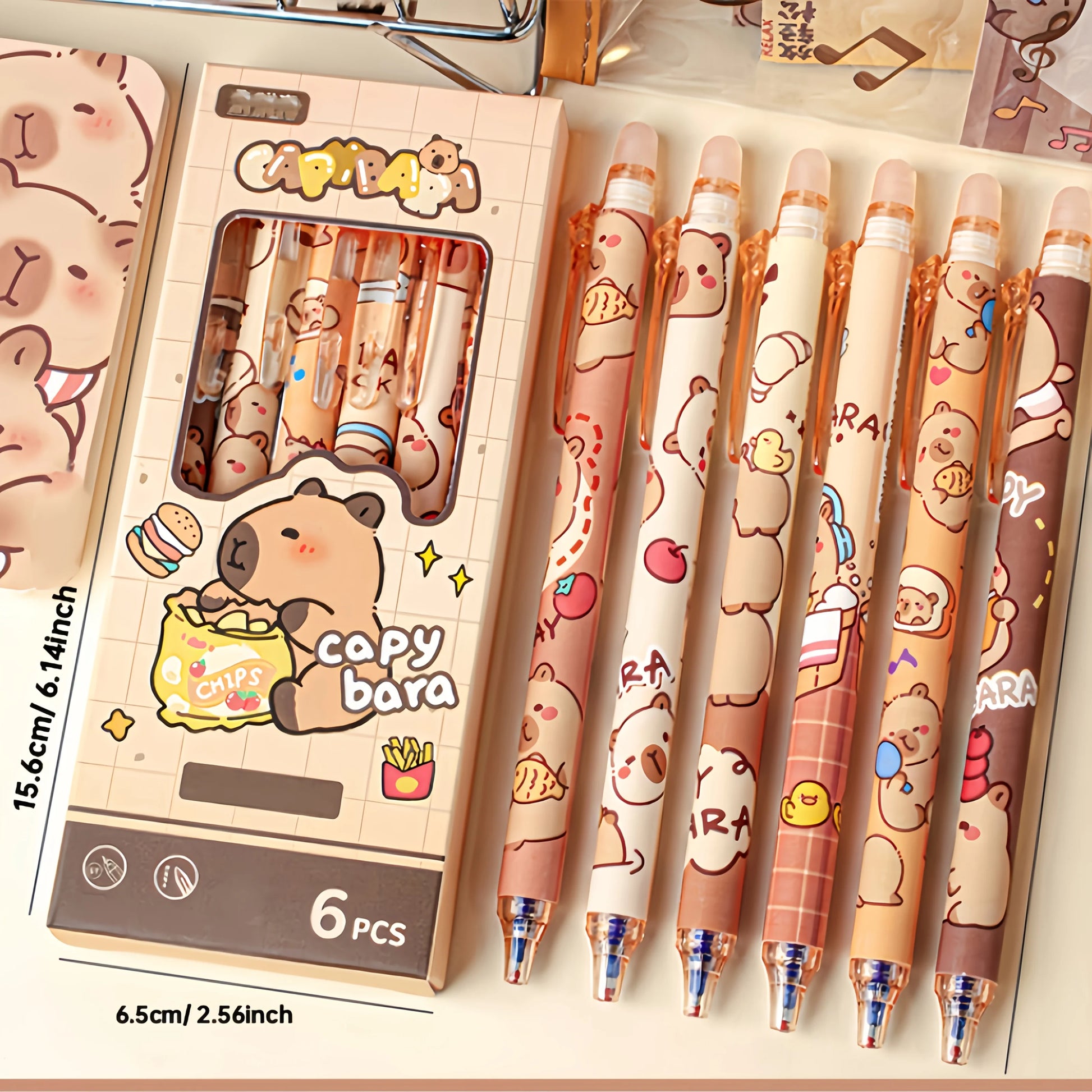 6pcs Cute Capybara Erasable Gel Pens | 0.5mm Retractable Blue Ink for School & Office | Smooth Writing & Quick-Drying (6 Colors) Beauty World Shop