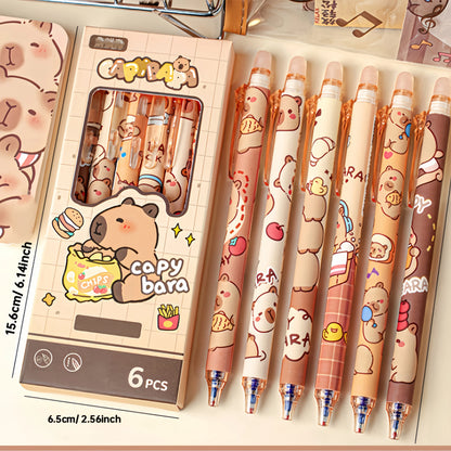 6pcs Cute Capybara Erasable Gel Pens | 0.5mm Retractable Blue Ink for School & Office | Smooth Writing & Quick-Drying (6 Colors) Beauty World Shop
