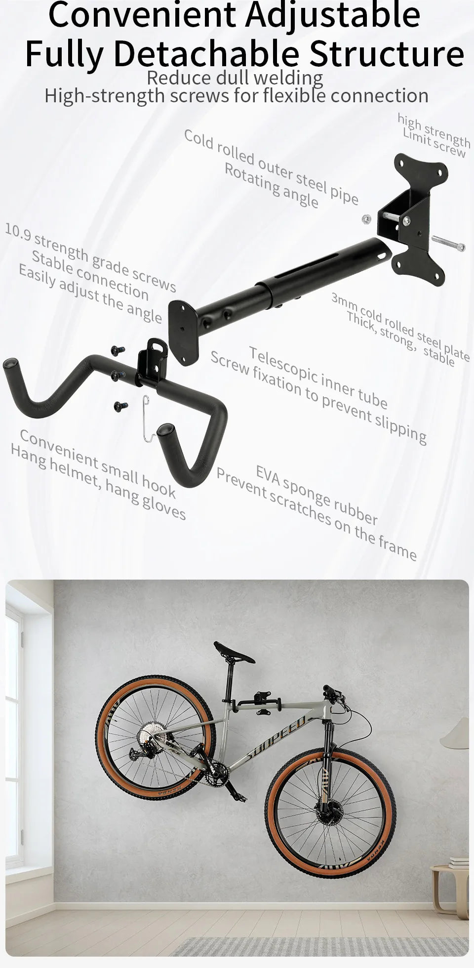 1PCS Wall Beam Stretchable Stand MTB Hanging Holder Room Wall Mounted Bicycle Rack 360 Degree Rotating Heavy Duty Storage Rack Beauty World Shop