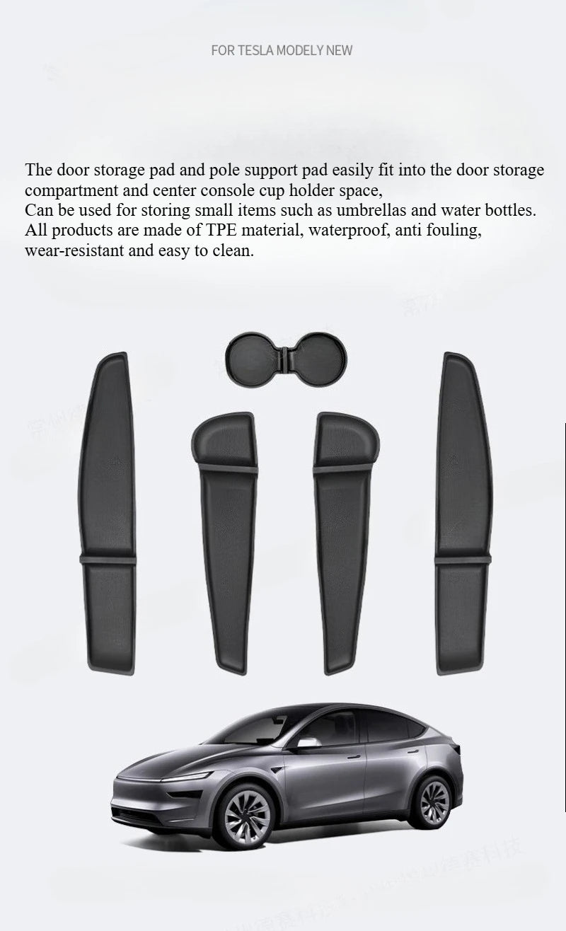 For Tesla Model Y Juniper 2025 Car Door Storage Pad 5PCS TPE Central Control Water Cup Holder Mat Organizer Tray Car Accessories Beauty World Shop