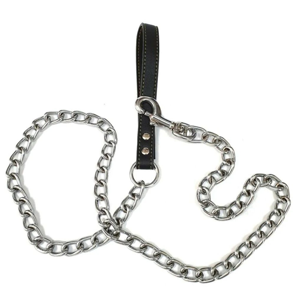 Metal Chain Dog Lead With Leather Style Handle Strong Control Leash Iron Dog Pets Supplies Collars Harnesses Beauty World Shop