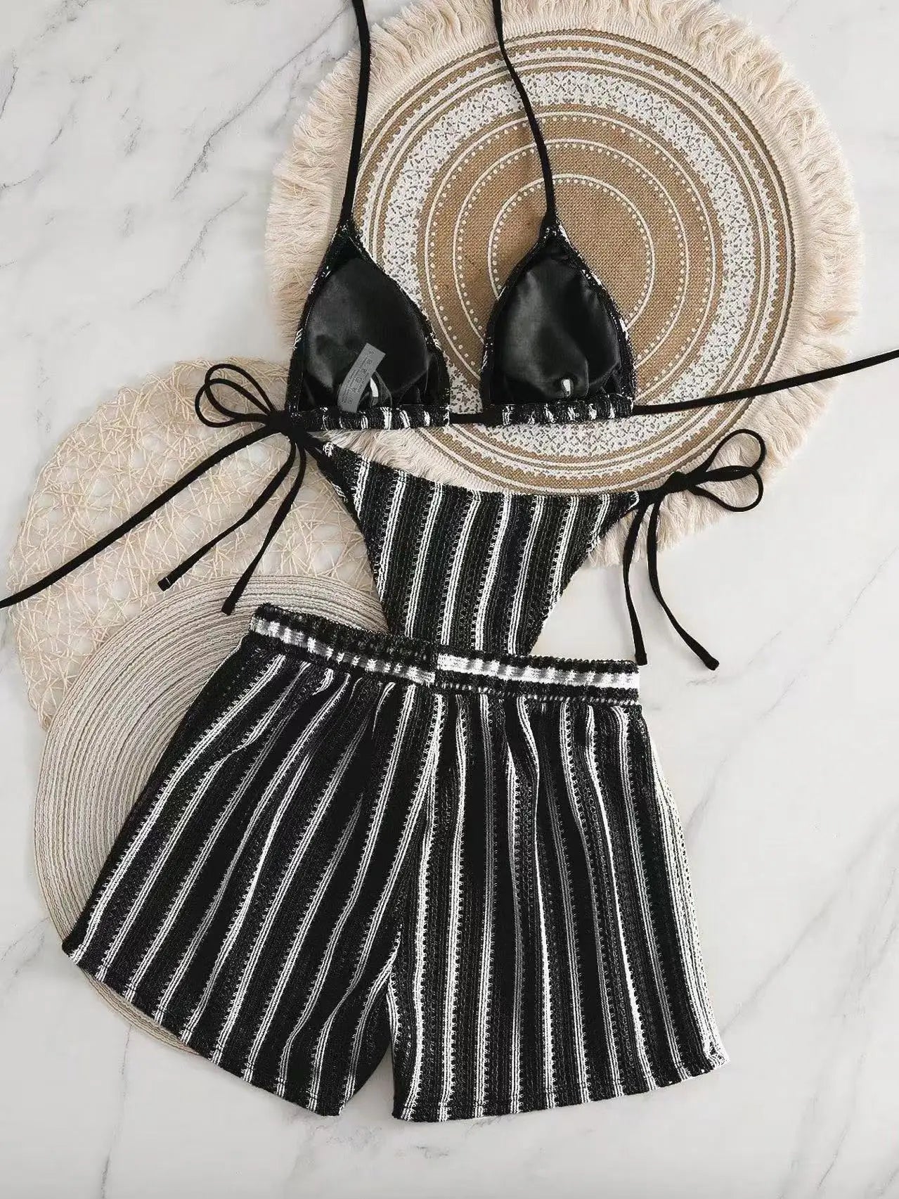 2026 new style boxer shorts mesh three-piece women's swimsuit neck lace-up bikini set Beauty World Shop