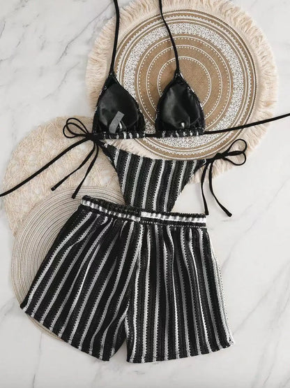 2026 new style boxer shorts mesh three-piece women's swimsuit neck lace-up bikini set Beauty World Shop