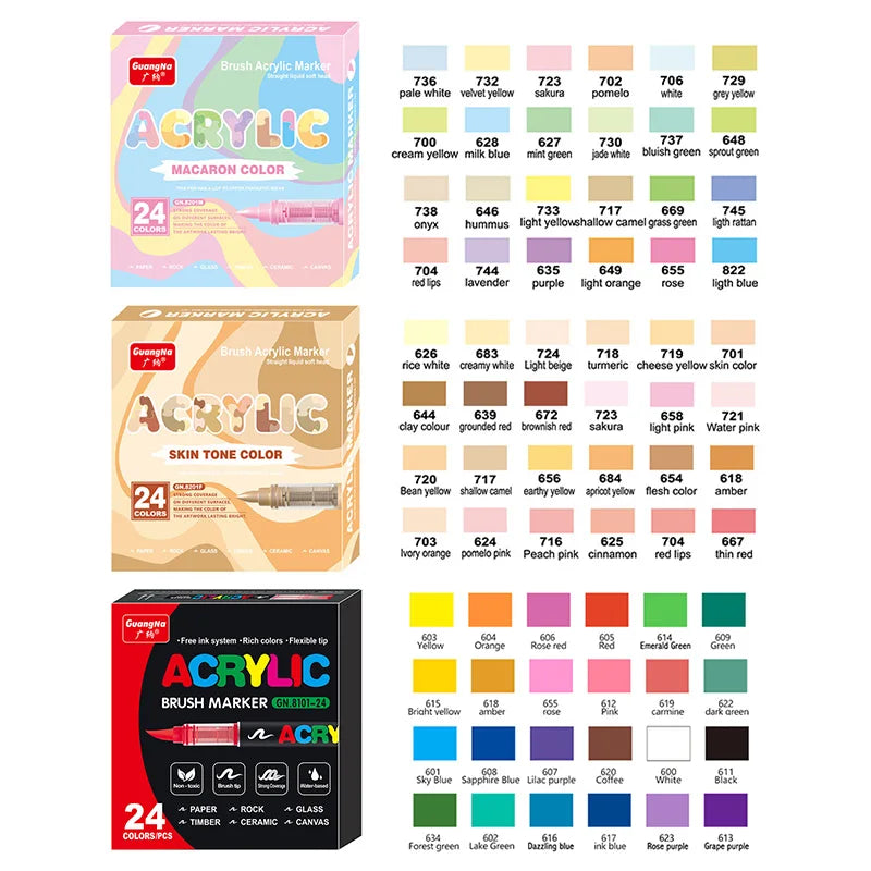 GuangNa 12-72 Colors Soft Brush Acrylic Marker Pen Set,Skin Tone, Macaron color,DIY Hand Drawn,Paint Art Markers pens,GN.8201F/M Beauty World Shop
