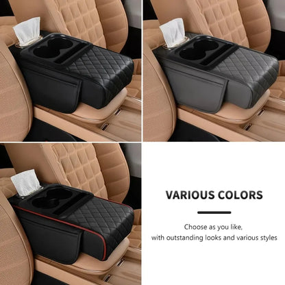 Auto Center Console Armrest Cushion With 2 Cup Holder PU Leather Armrest Pad Portable Car Amrest Pillow Cover Height Pad Beauty World Shop