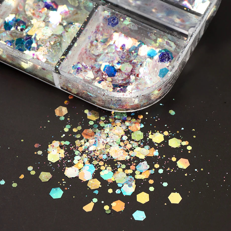 12 Grids Shimmery Mermaid Hexagon Nail Art Glitter Sequins Holographic Mirror Nail Powder Flakes Nail Charms Decoration Manicure Beauty World Shop