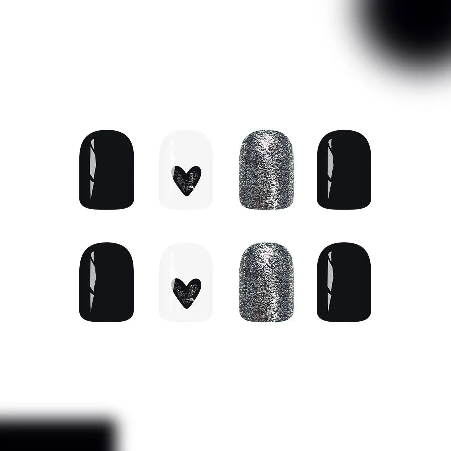 Short Square Glossy Press On Nails 24Pcs Sweet Black Heart Glitter Ins Style For Women Beauty World Shop