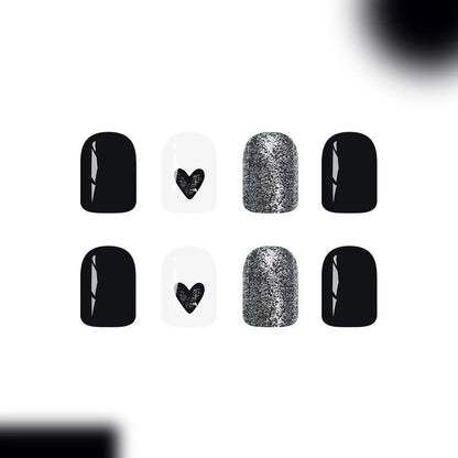 Short Square Glossy Press On Nails 24Pcs Sweet Black Heart Glitter Ins Style For Women Beauty World Shop
