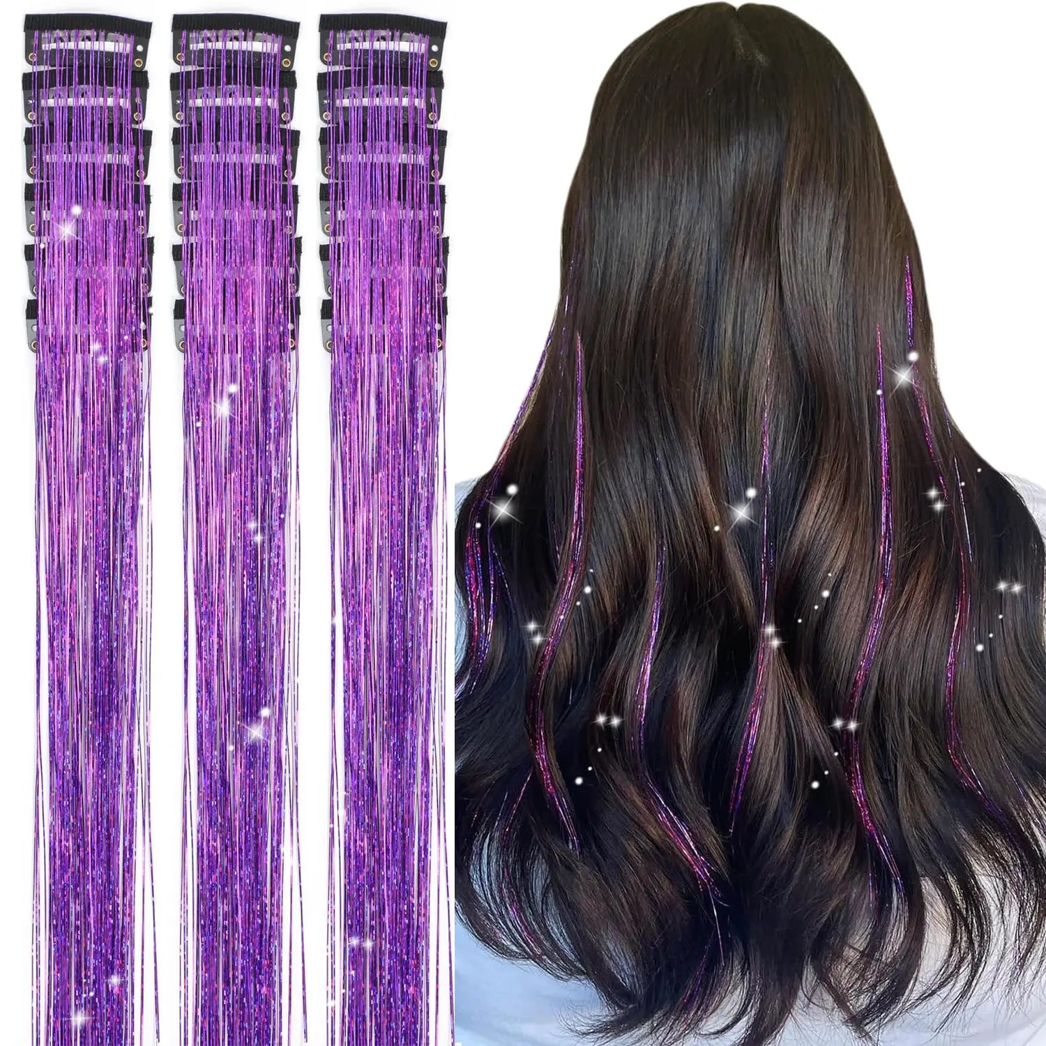 20 Inch Glitter Tinsel Hair Extensions with Clips In, 6Pcs/Set Synthetic Clip in Sparkle Fairy Hair Accessories for Women Kids Beauty World Shop