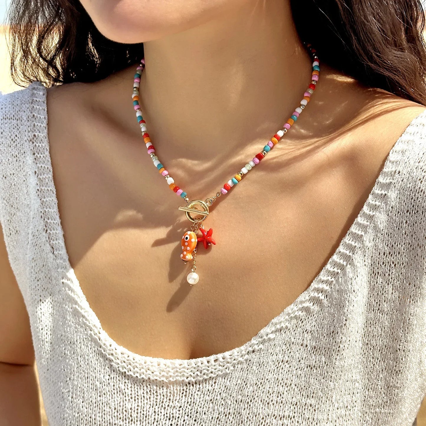 Bohemian Sea-Inspired Ceramic Fish & Starfish Pendant Necklace Dopamine Rainbow Color Beads Necklaces Beach Jewelry Beauty Trend Shop