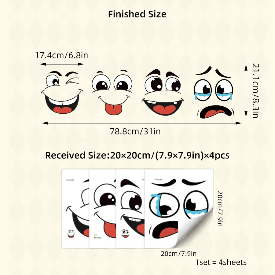 4 sheets/Set Cartoon Face Stickers,Self-Adhesive, Plastic Surface Compatible,Home Decoration Suitable for Trash Can, oilet Decor Beauty World Shop