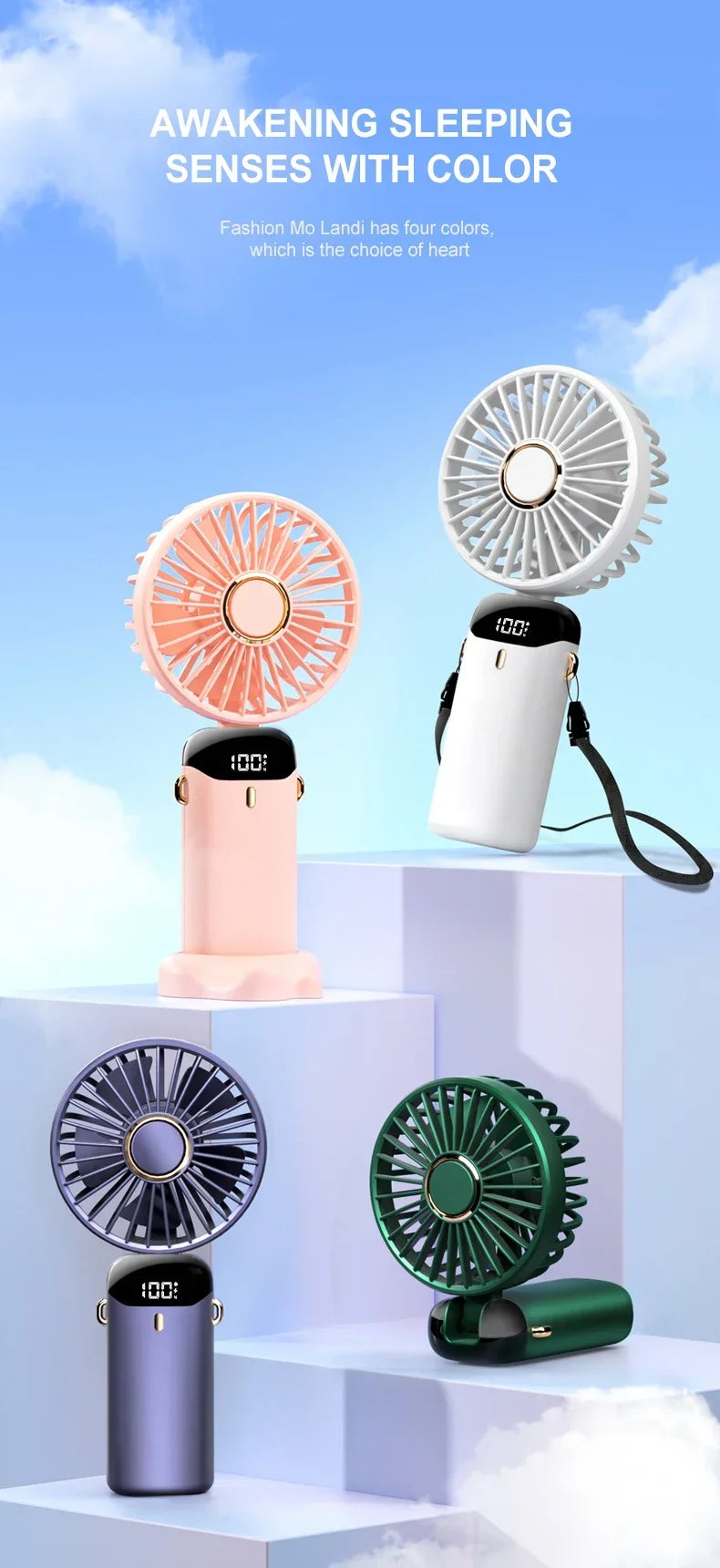Handheld Mini Fan Foldable Portable Neck Hanging Fans 5 Speed USB Rechargeable Fan with Phone Stand and Display Screen 1800mAh Beauty World Shop