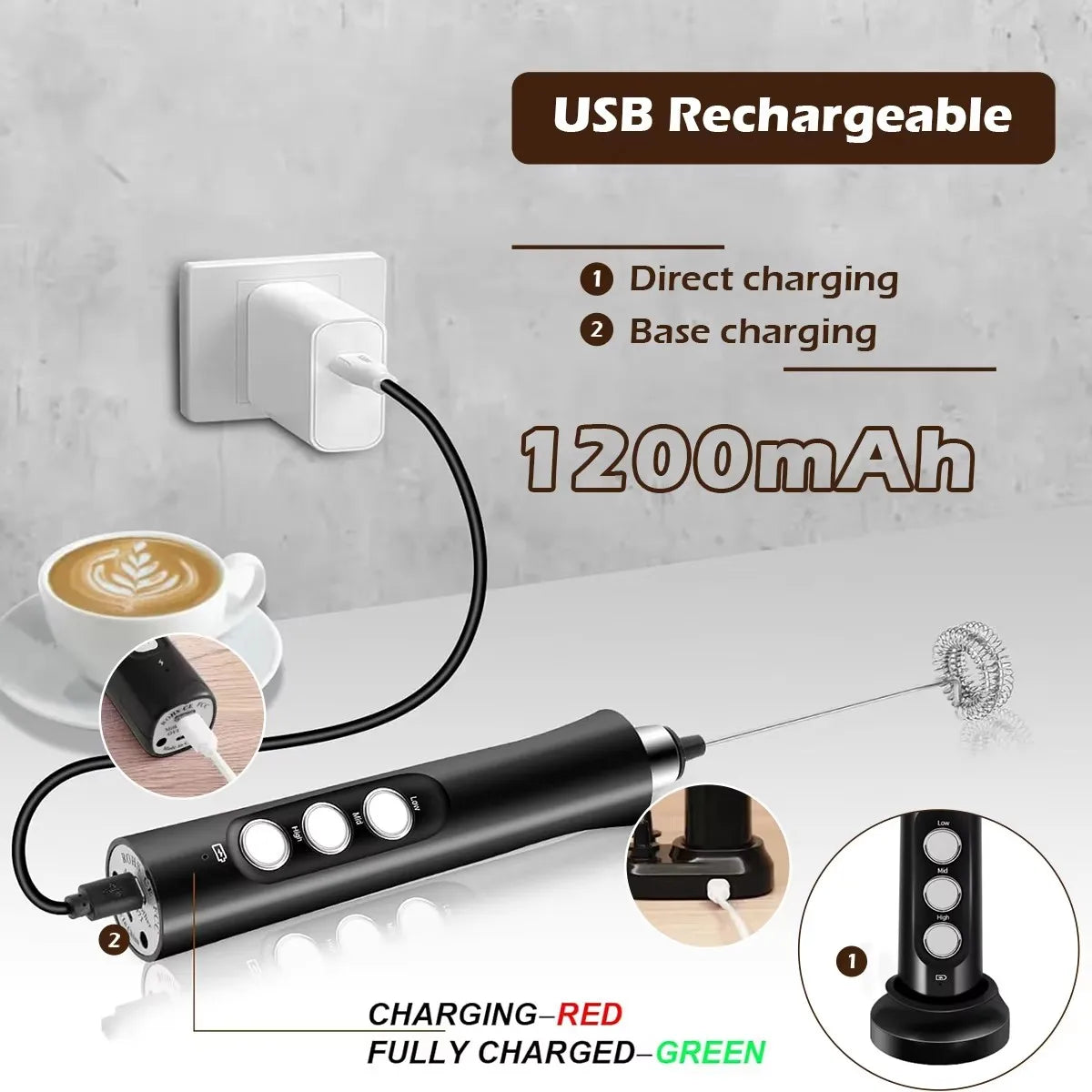 Wireless Rechargeable Electric Milk Frother - 3 Speeds, Handheld Foam Maker for Latte, Cappuccino, Hot Chocolate - USB Rechargea Beauty World Shop