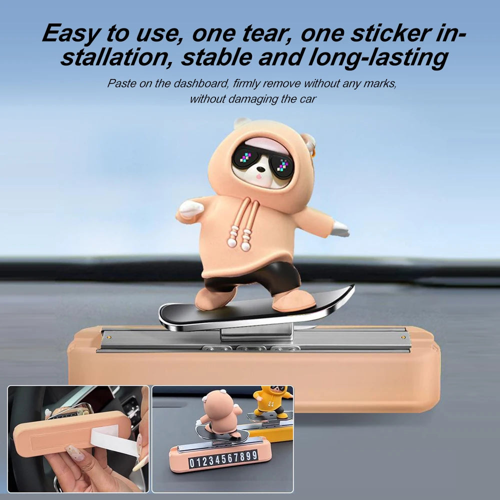New Dashboard Car Decorations Skateboard Bear Magnetic Parking Number Plate Creative Car Cartoon Interior Interior Accessories Beauty World Shop