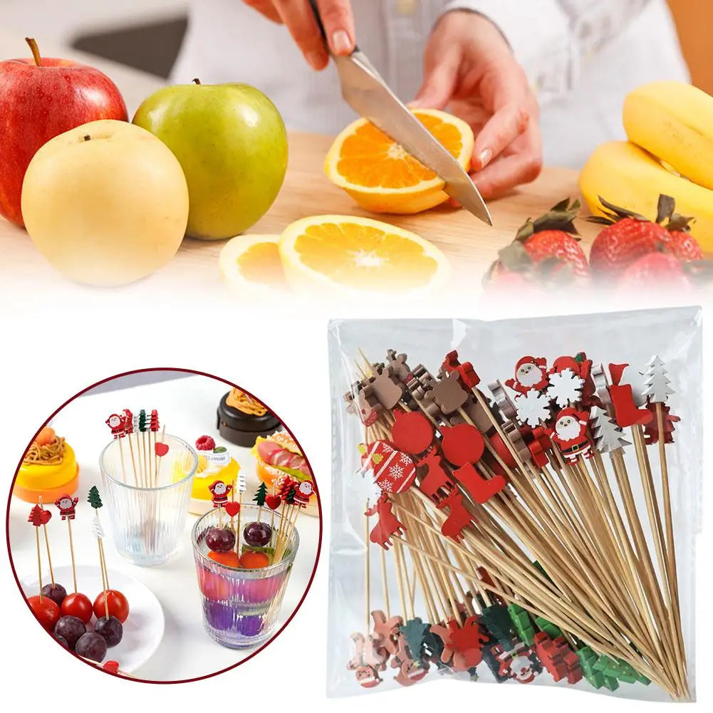 100Pcs Christmas Bamboo Skewer Cocktail Picks Cupcake Topper Disposable Food Dessert Toothpicks Fruit Sticks Party Supplies Beauty Trend Shop