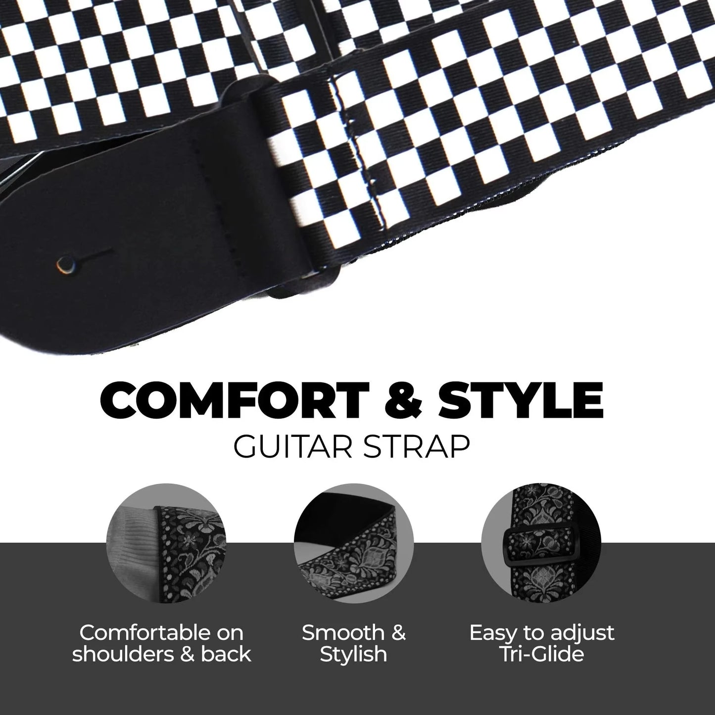 10pcs Guitar Shoulder Strap, Black and White Squares Pattern Adjustable Guitar Shoulder Strap Includes 5 Guitar Picks and 1 Hold Beauty World Shop