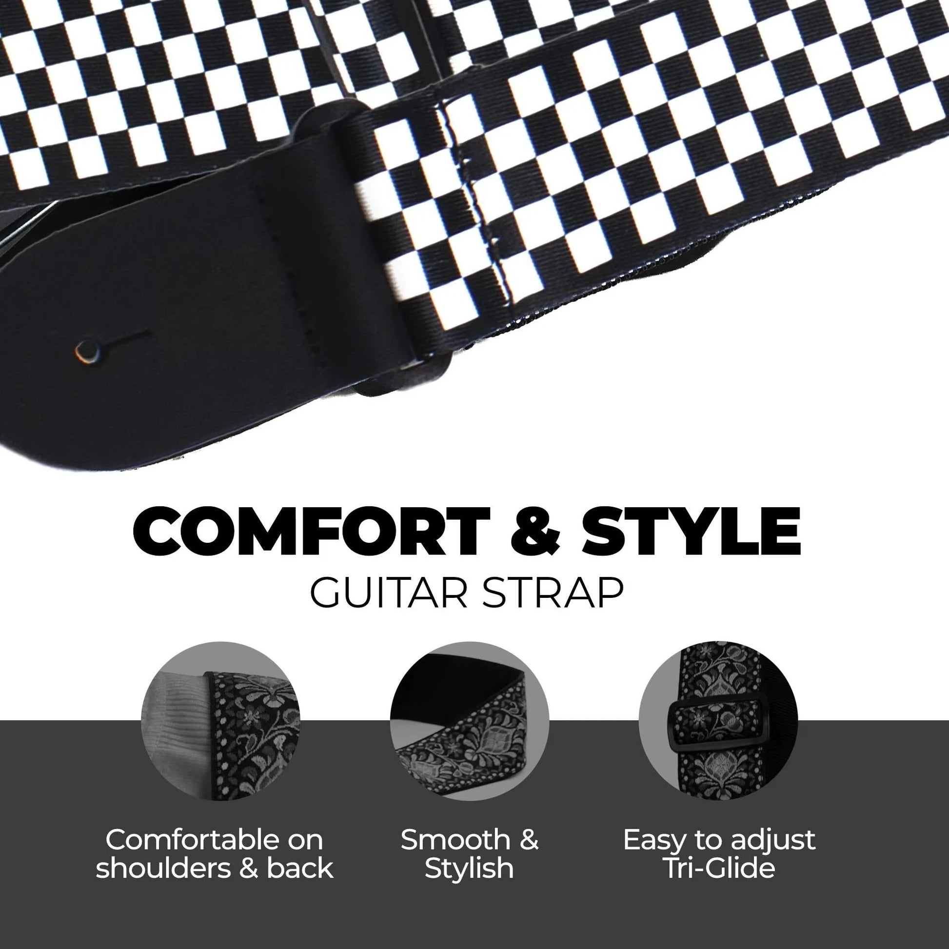 10pcs Guitar Shoulder Strap, Black and White Squares Pattern Adjustable Guitar Shoulder Strap Includes 5 Guitar Picks and 1 Hold Beauty World Shop