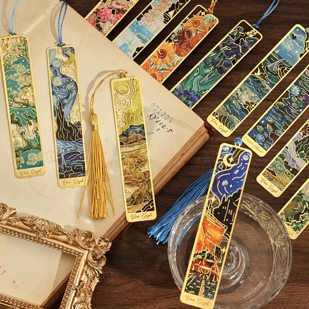 Vintage Oil Painting Metal Bookmarks - Hollow Hot Stamping Long Tassel Bookmarks - Stationery Gifts for Book Clubs, Book Lovers, Beauty World Shop