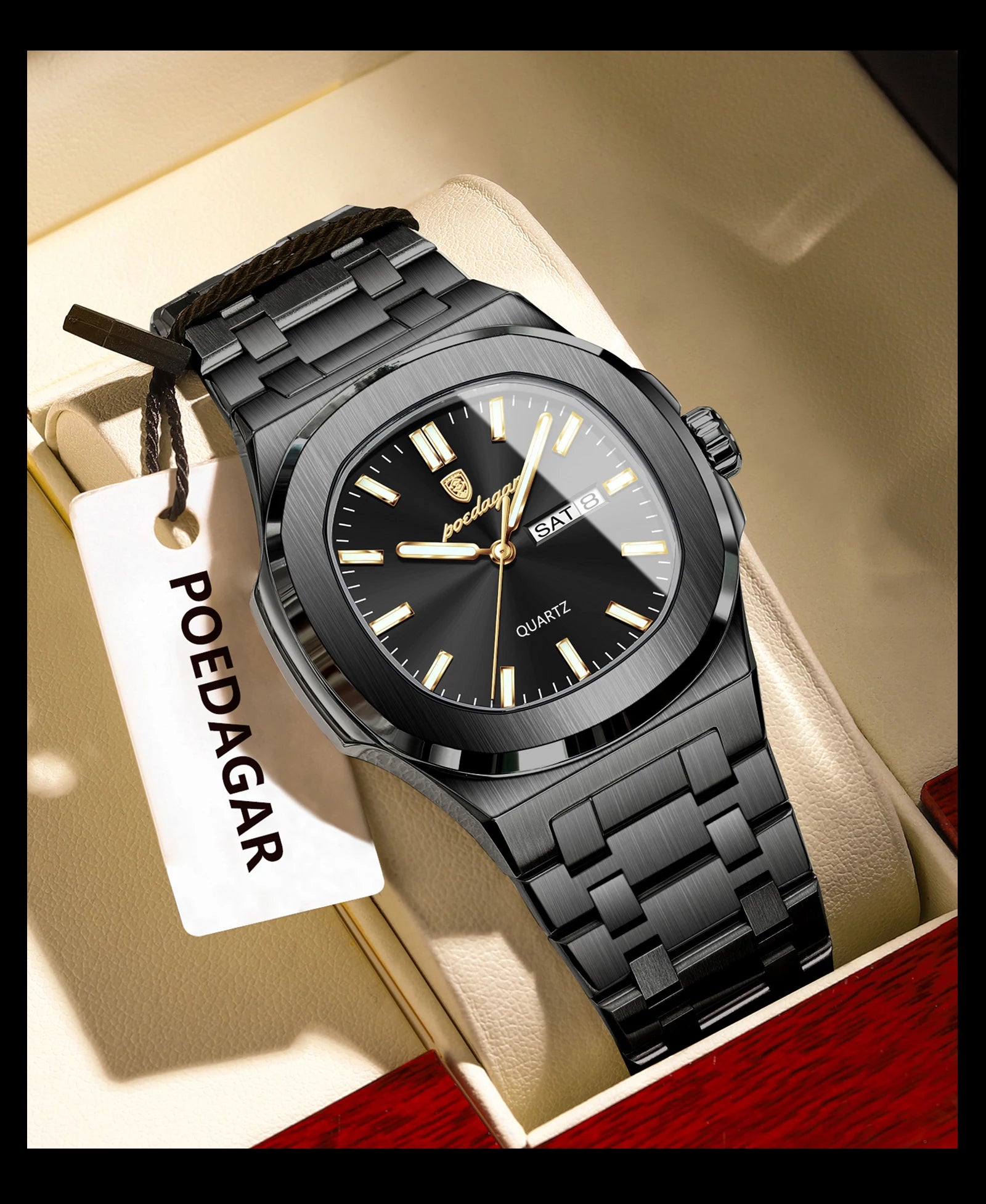POEDAGAR Square Luxury Men's Wristwatch Luminous Waterproof Stainless Steel Male Clock Week Date Original Quartz Watches For Men Beauty World Shop