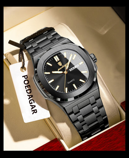 POEDAGAR Square Luxury Men's Wristwatch Luminous Waterproof Stainless Steel Male Clock Week Date Original Quartz Watches For Men Beauty World Shop