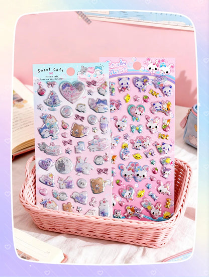 3 pcs/6 pcs Sweet Candy Pets Cat Coffee Cakes Flash Puffy 3D Stickers Scrapbooking Diy Diary Stationery Stickers School Supplies Beauty World Shop