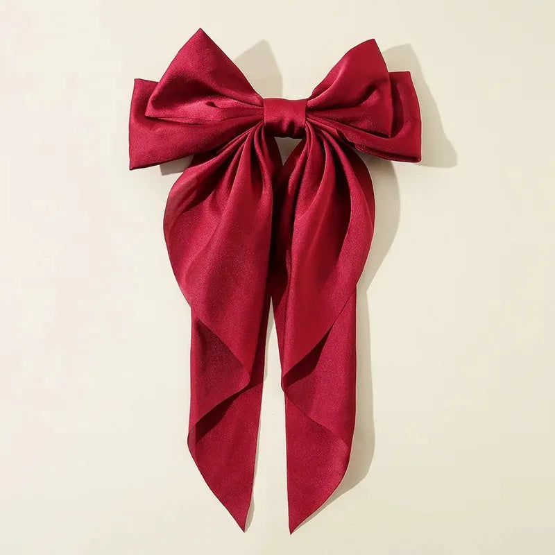 Korean Accessories Hair Clips for Women Girls Big Bowknot Solid Satin Long Ribbon Bows Spring Clamp Barette Cheveux Femme 2023 Beauty World Shop