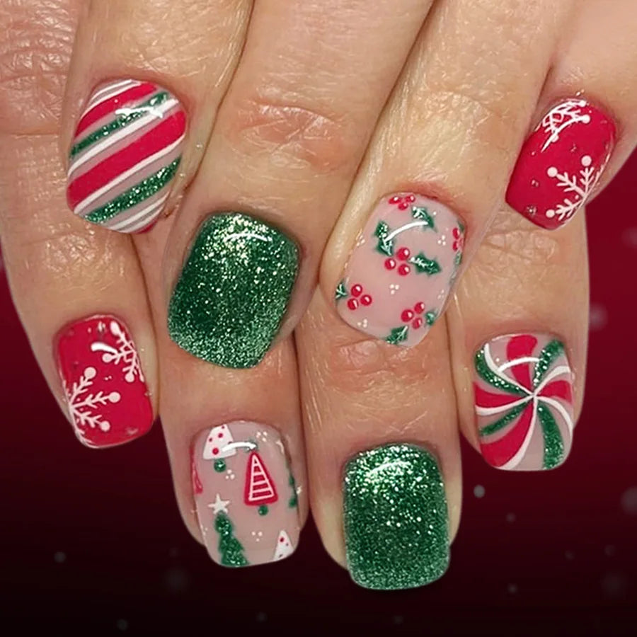 Short Square Glossy Press On Nails 24Pcs Christmas 2025 New Design Snowflake Tree Stripes Red Green Glitter Beauty World Shop