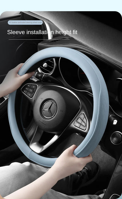 Napa Leather Perforated Patchwork Car Steering Wheel Cover, Non-slip, Breathable, Universal 15 Inch (Approx. 38cm) Beauty World Shop
