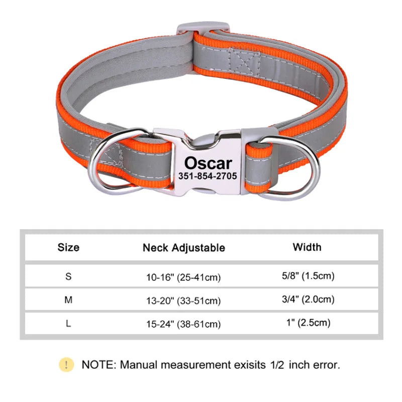 Reflective Personalized Dog Collar Engrave ID Nylon Collars Soft Padded Dogs Collar Adjustable for Small Medium Large Dogs Pug