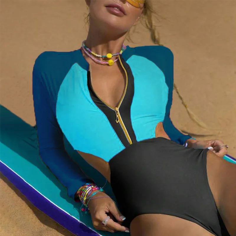New Patchwork One-Piece Swimsuit Long Sleeve Swimwear Sports Backless Women's Swimming Bathing Suit Beach Wear Bather Surfing Beauty World Shop