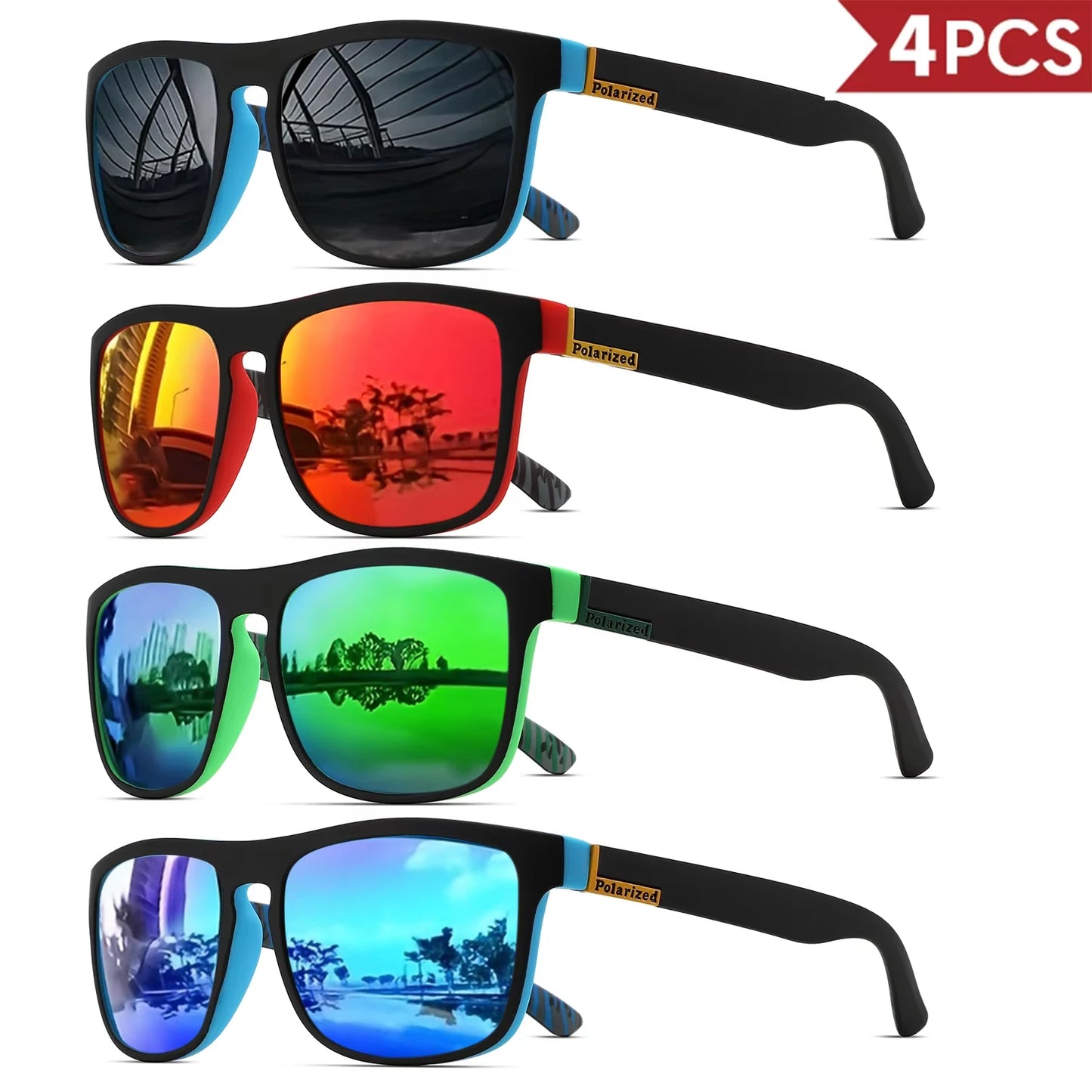 1-4PCS Men Classical Square Polarized Sports Sunglasses Lightweight PC Frame UV400 for Driving Fishing Cycling Unisex Durability Beauty World Shop