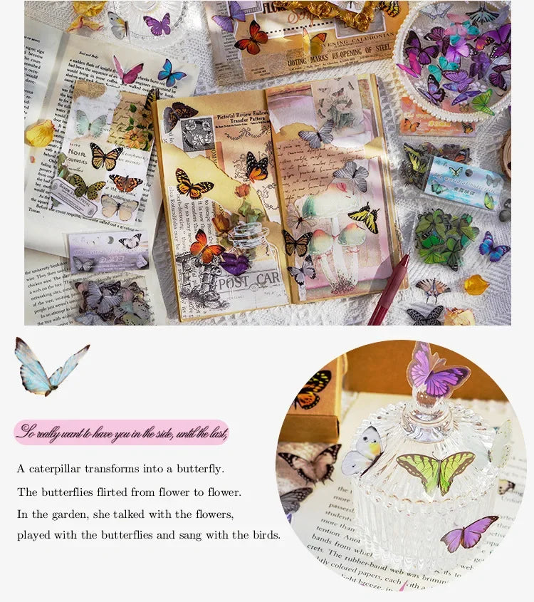Journamm 40pcs/pack Butterfly Series Stickers Art Collage Junk Journal DIY Scrapbooking PET Waterproof Craft Aesthetics Stickers Beauty World Shop