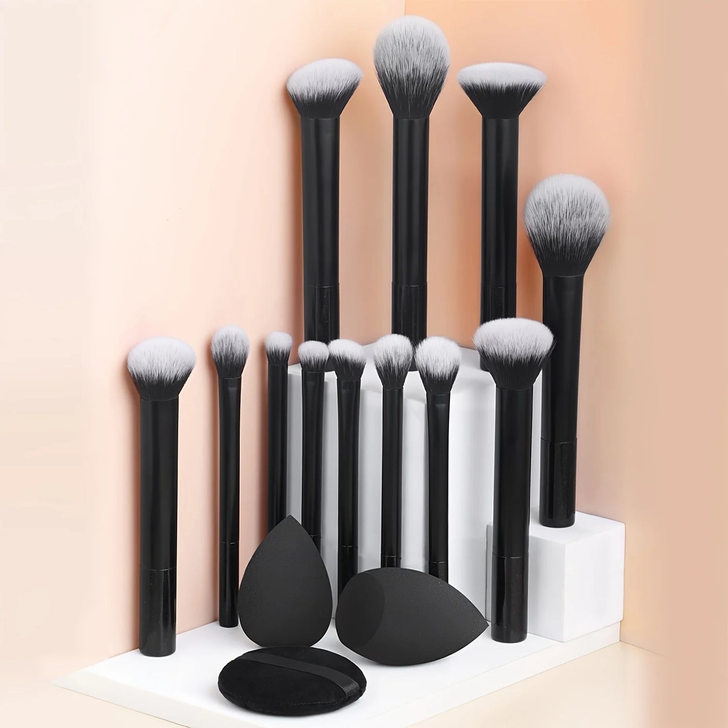 12-Piece Classic Full Makeup Brush Set with Angled and Teardrop Blenders, 1 Powder Puff - Professional Application Tools, Nylon Beauty World Shop