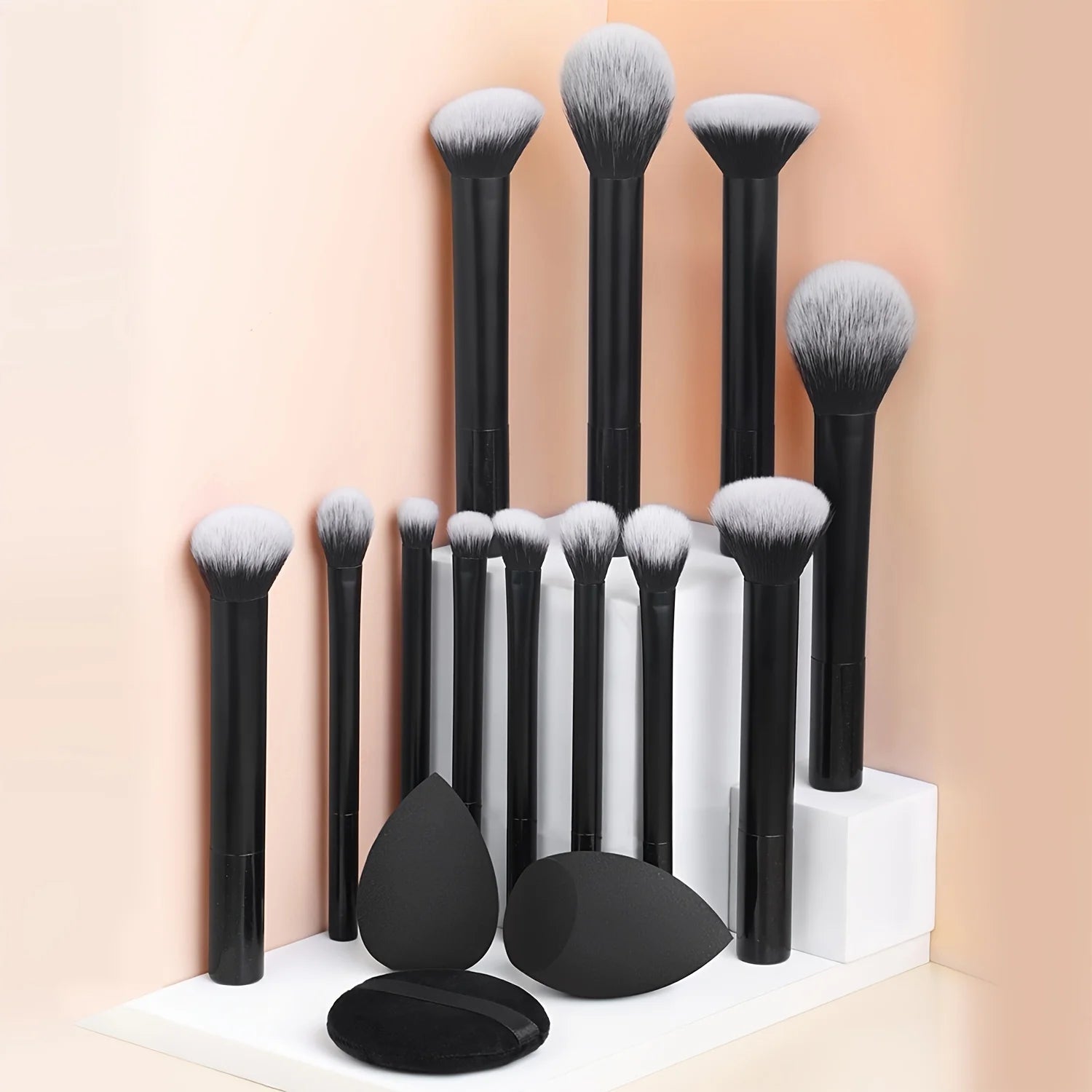 12-Piece Classic Full Makeup Brush Set with Angled and Teardrop Blenders, 1 Powder Puff - Professional Application Tools, Nylon Beauty World Shop