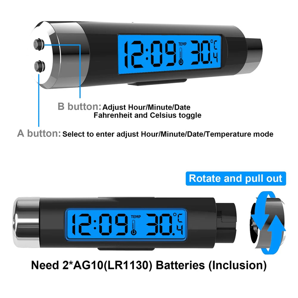 Portable 2 in 1 Car Digital LCD Clock Temperature Display Electronic Clock Thermometer Car Automotive Blue Backlight With Clip Beauty World Shop